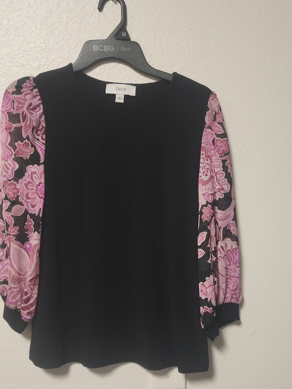CeCe Black Top with Pink Floral Puff Sleeves